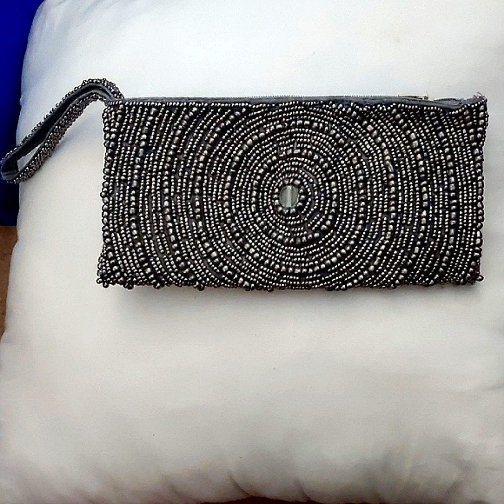 Vintage Beaded Clutch Black and Silver Whimsigoth Romantic